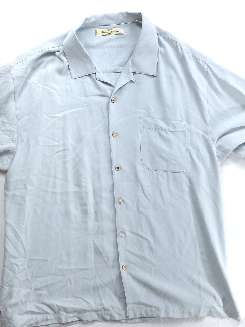 Tommy Bahama 100% Silk Camp Shirt Light Blue Short Sleeve Button Front Men’s XL